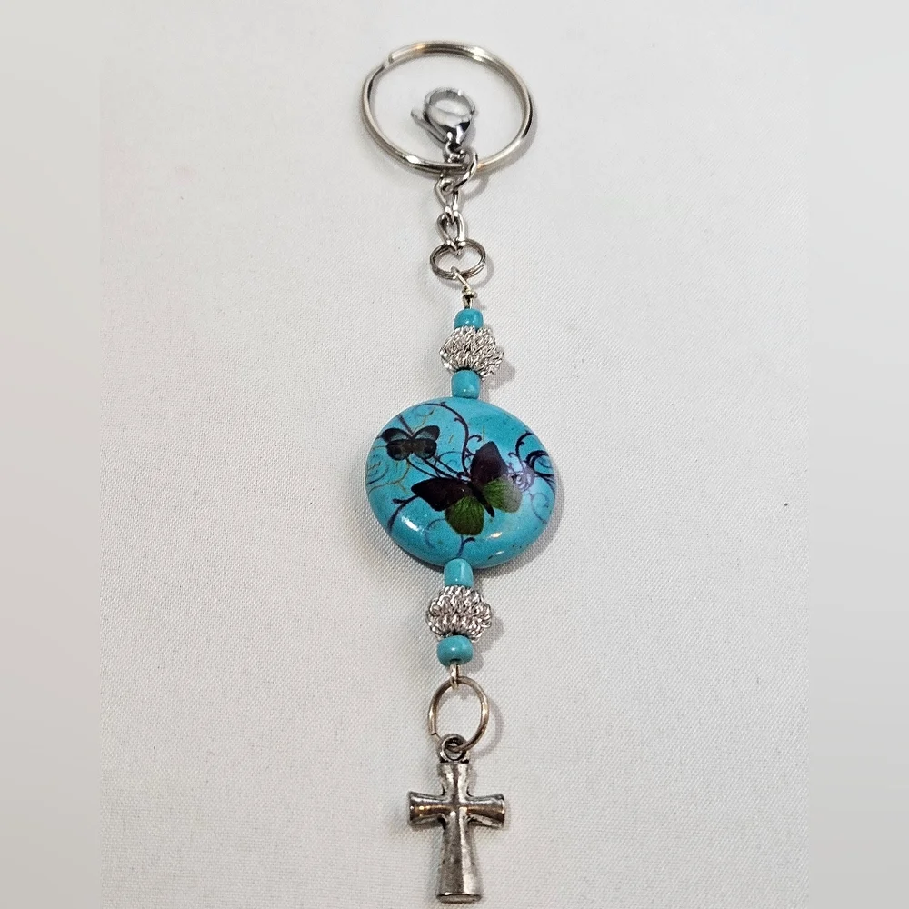 Hand Crafted Turquoise Butterfly & Cross Keychain Charm